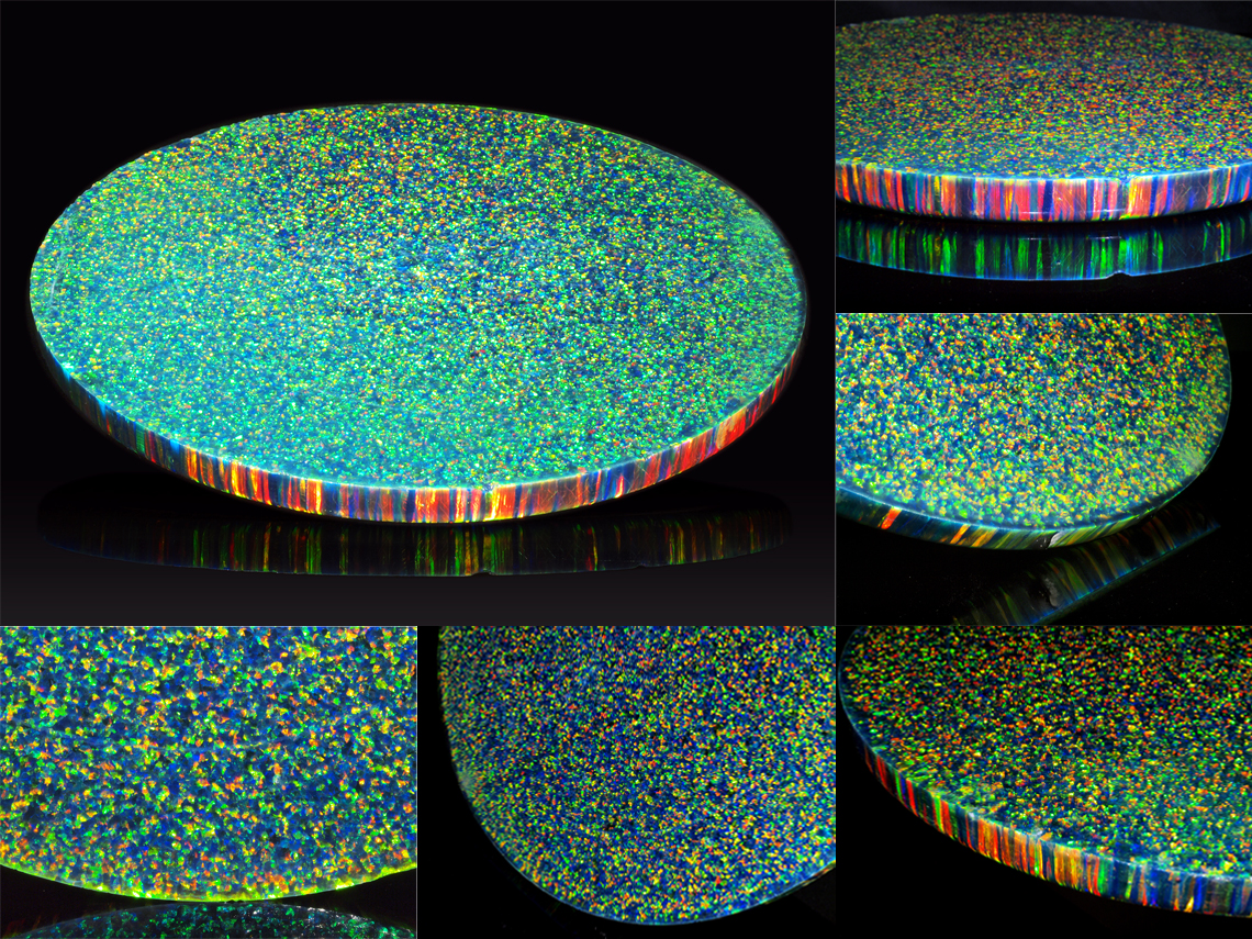 اوپالهای کوچک برش خورده در ترکیب رنگهای مختلف (بالا) و بزرگترین تخته گرد با قطر ۲۲ سانتیمتر (پایین)