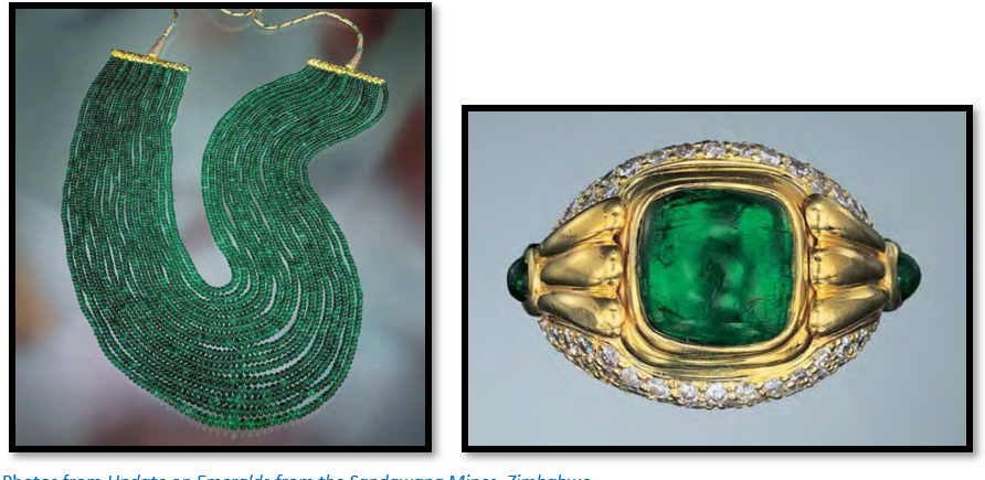 انگشتری با نگین زمرد زیمباوه به وزن ۳.۶۷ قیراط در سمت راست و در سمت چپ گردنبند ساخته شده از هزار نگین زمرد سانداوانای زیمباوه
